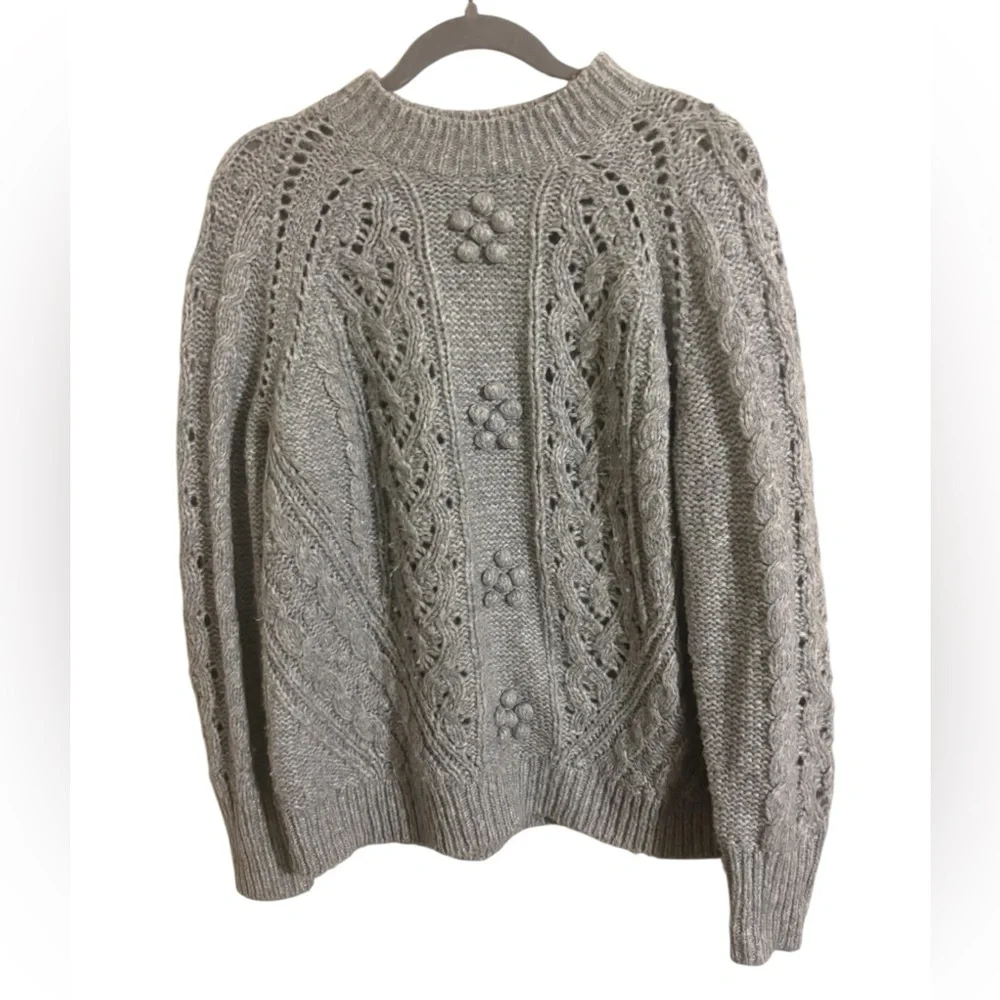 J. Crew Cable Knit Pointelle Gray Pullover Wool Blend Sweater‎ Large